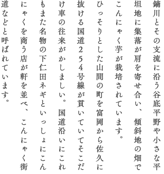 鏑川とその支流に沿う谷底平野や小さな平坦地に集落が肩を寄せ合い、傾斜地の畑でこんにゃく芋が栽培されています。ひっそりとした山間の町を富岡から佐久に抜ける国道254号線が貫いていてそこだけ車の往来がかしましい。国道沿いにこれもまた名物の下仁田ネギといっしょにこんにゃくを商う店が軒を並べ、こんにゃく街道などと呼ばれています。